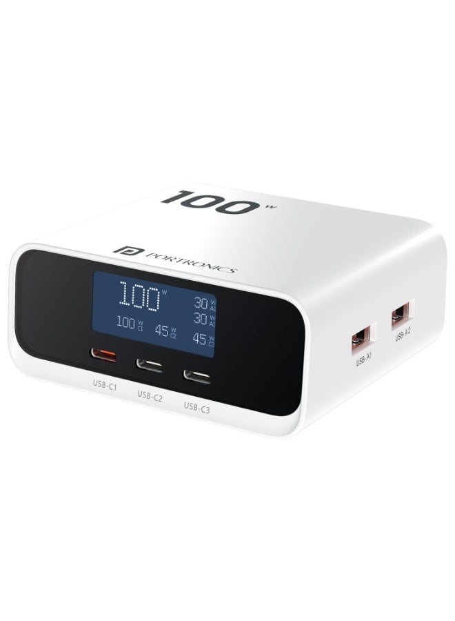 بورترونيكس Portronics 100W Adapto 100D Fast Charging 5 Port Adaptor with LCD Power Display, 3 Type C PD Port, 2 USB-A Mach Port, Fast Charging Compatible with Laptops, Macbooks, Smartphones (White) - Image 1